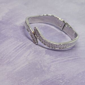Monet 1980's Silver Tone Clamper Bangle Etched "Fish Scales or "Seashell Pattern